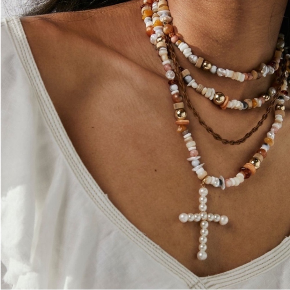 Free People Layered Pearl Cross Bead Necklace - White, Gold, Brown